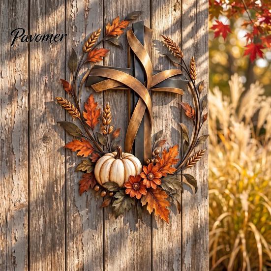 Floral Pumpkin Cross Sign Autumn Harvest Metal Wall Decor, Rustic with Golden Wheat Farmhouse Thanksgiving Door & Fall Leaves, Plaque for Porch Garden