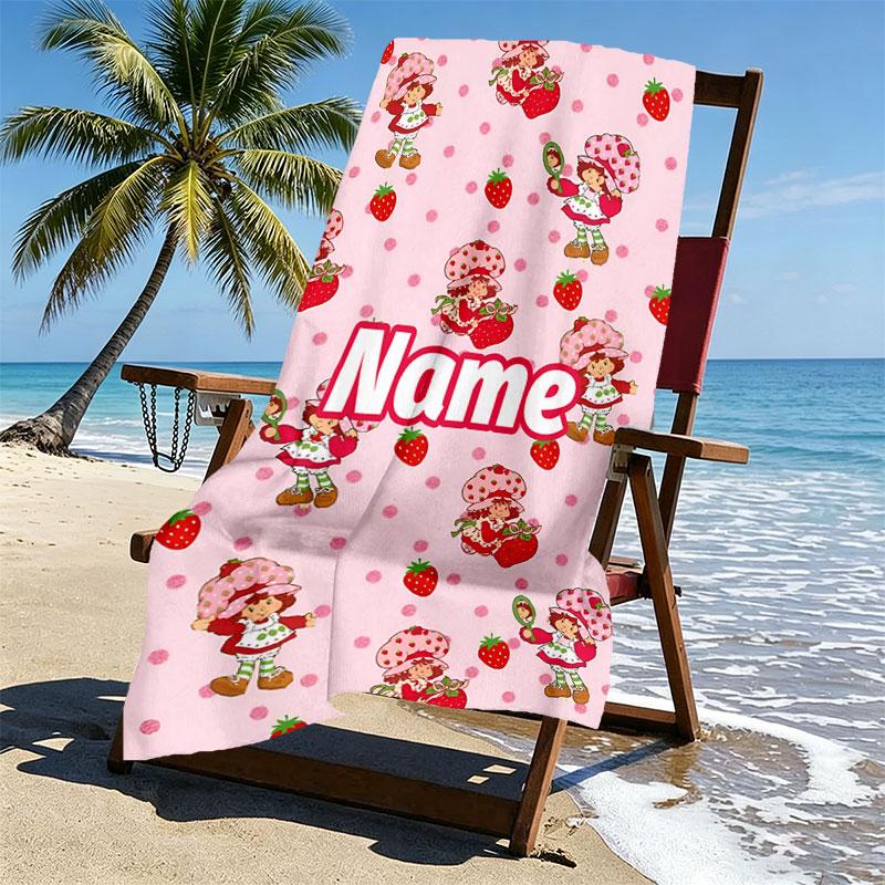 Custom Name Personalized Strawberry Shortcake Print Beach Towel, for Trip Camping Beach Party Home Decor, Birthday Gift for Family & Friends