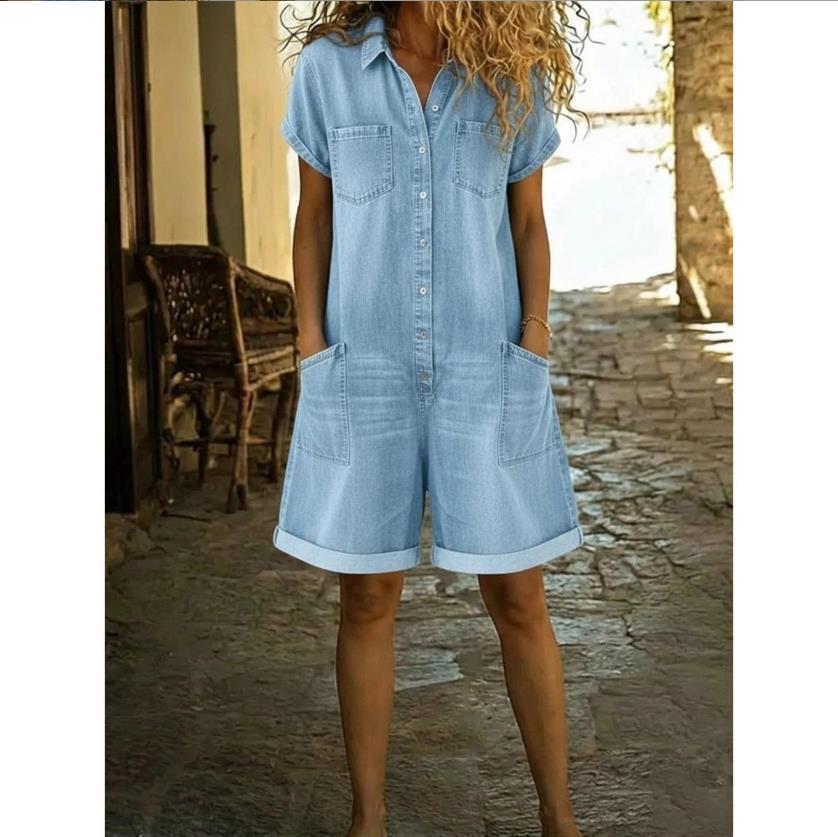 Spring Summer Women Short Sleeve Button Down Jean Short Jumpsuit Cuffed Hem One Piece Overall with Pockets