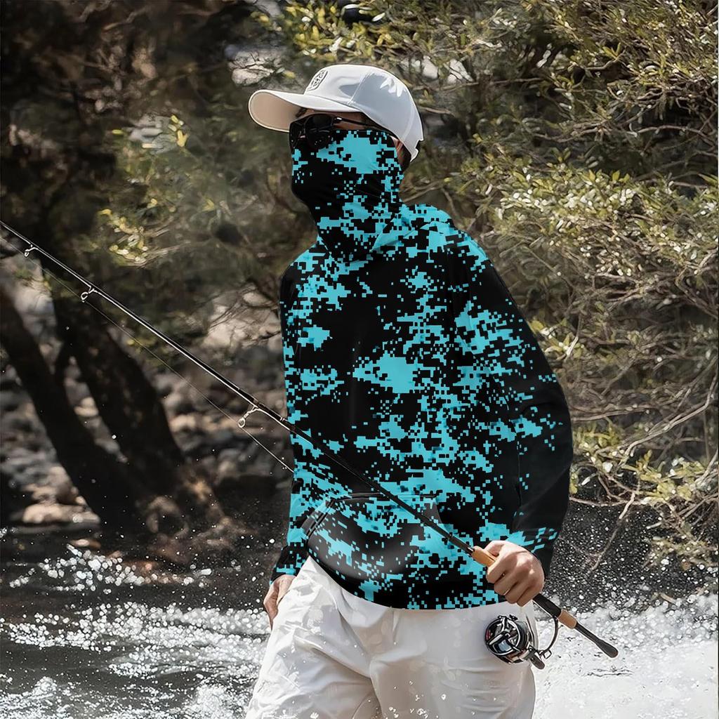 Maglia da Sole Leggera a Maniche Lunghe con Cappuccio e Copertura Facciale Integrata, Traspirante, Resistente ai Raggi UV, Top da Pesca e per Attività all'Aperto da Uomo