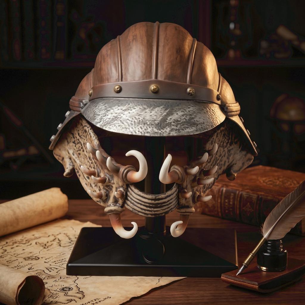 Medieval Style Warrior Helmet with Metal Rivets and Decorative Horned Jaw Guard Suitable for Role Play and Display