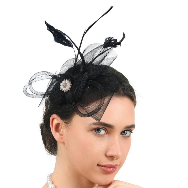 French Feathered Flower Fascinator Hair Clip For Women Elegant TeaParty Wedding Derby Cocktails Event Photography Props