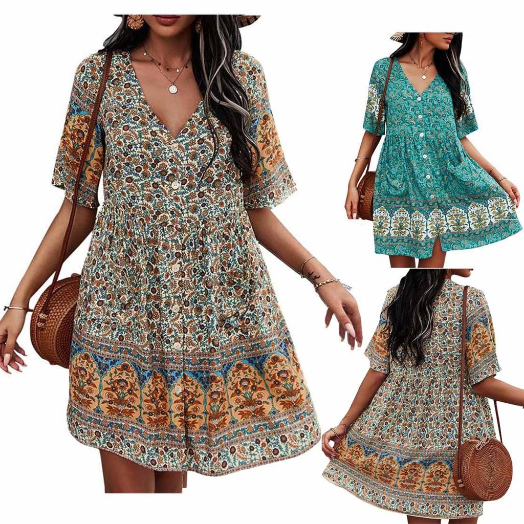 Damen Böhmisches Kleid Sommer V-Ausschnitt Kurzarm Geblümt Bedruckt Knopfleiste Lässige Kleider Mit Taschen Weiß