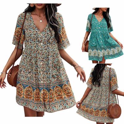 Damen Boho Kleid Sommer V-Ausschnitt Kurzarm Blumenmuster Knopfleiste Lässig Kleider Mit Taschen