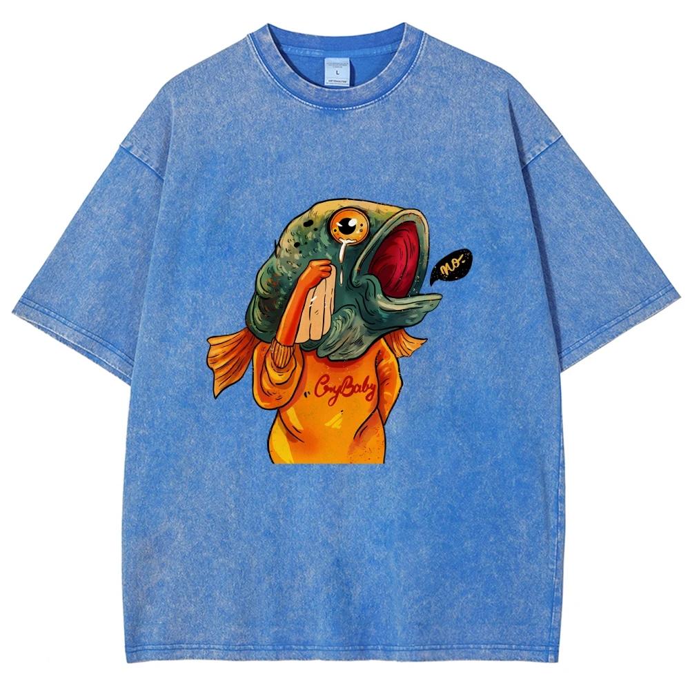 Funny Fish T Shirts Unisex Washed Tees Men Women Short Sleeve T-shirts Cotton T-shirt Streetwear Harajuku Graphic T Shirts