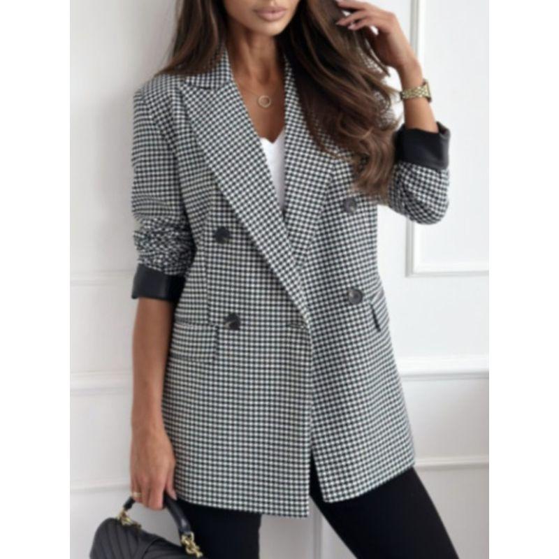 Spring and Autumn New European Fashion Commuter Ol Double Breasted Solid Suit Collar Mid-Length Long Sleeve Suit Outerwear Coat
