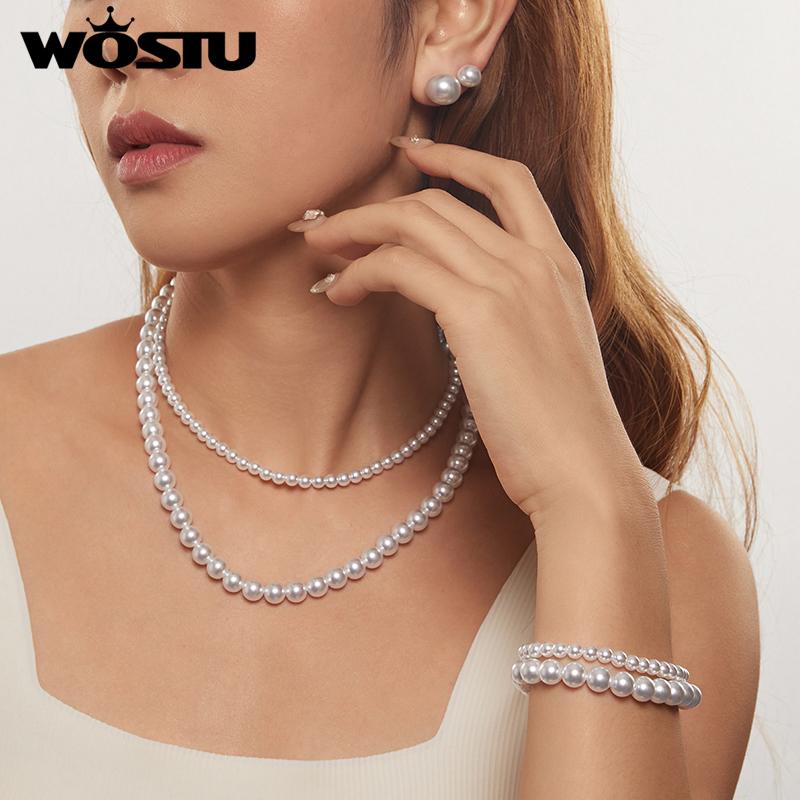WOSTU Real 925 Sterling Silver Shell Pearl Neckalce For Women Wedding Jewelry Pearl Charm Links Elegant Gift For Mom 5 8 Mm