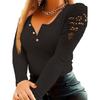 Women Hollow Out Lace Patchwork Pullover T Shirt Long Sleeve Slim Fit Soft Stretchy Round Neck Button Closure Solid Color Top Lady Spring Fall