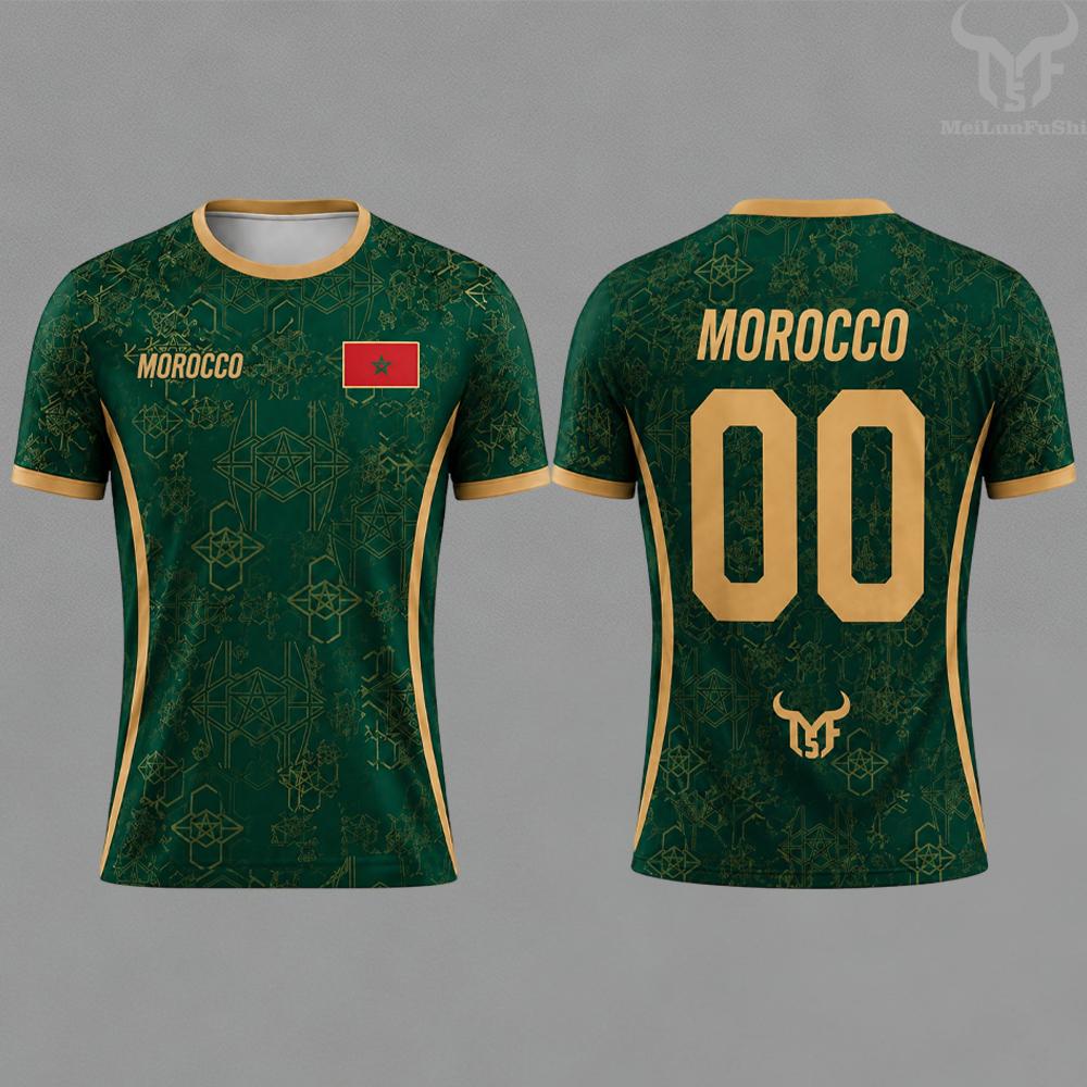 Morocco Flag Print Football Jersey Summer Customizable Name Number O-neck Short-