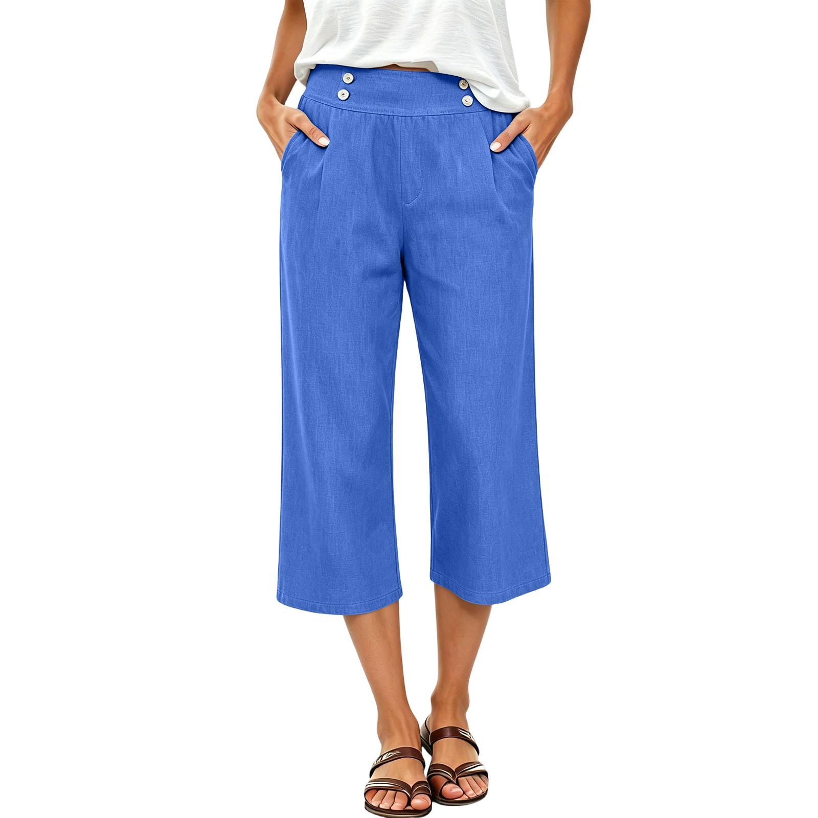 

Women’s Wide Leg Cropped Pants with High Waist Button and Relaxed Fit for Casual Everyday Wear M синій