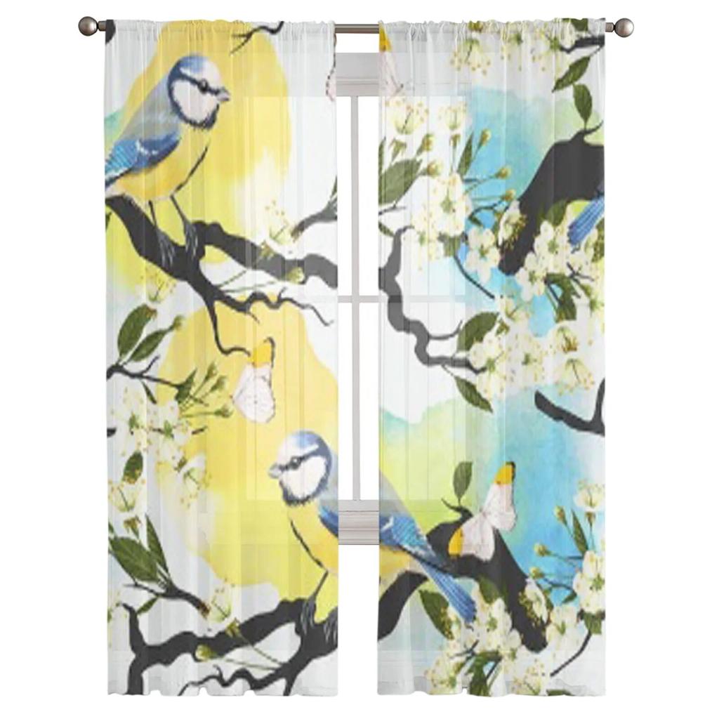 Blooming Cherry Branch Sheer Curtains For Living Room Modern Fashion Valance Curtains For Kitchen Tulle Curtains