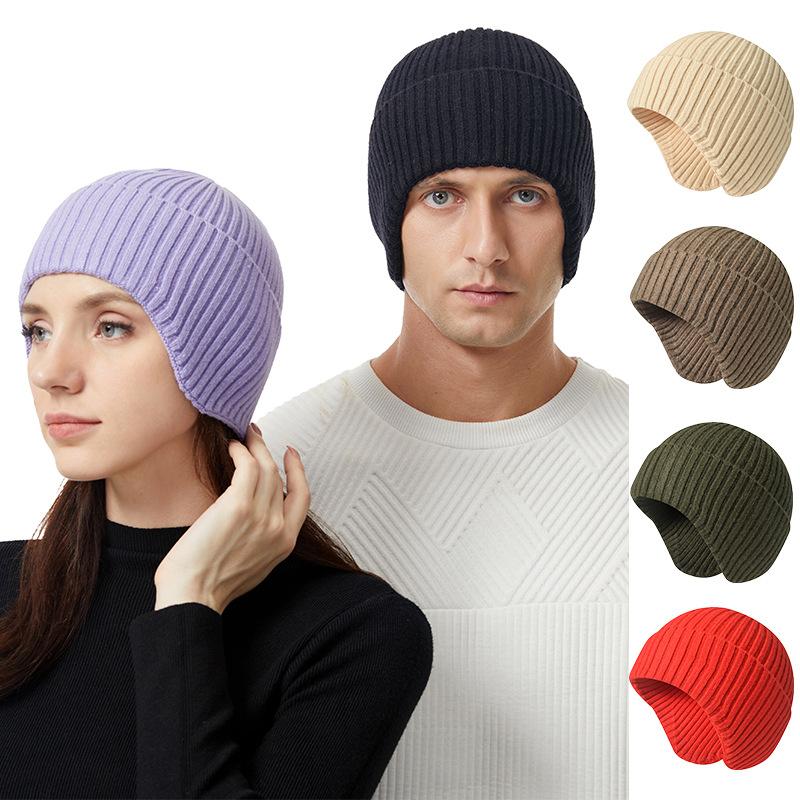 Unisex Autumn/Winter Solid-Colour Knitted Beanie with Ear Flaps Couples' One-Piece Winter Cycling Beanie Windproof One-Piece Cold-Weather Beanie