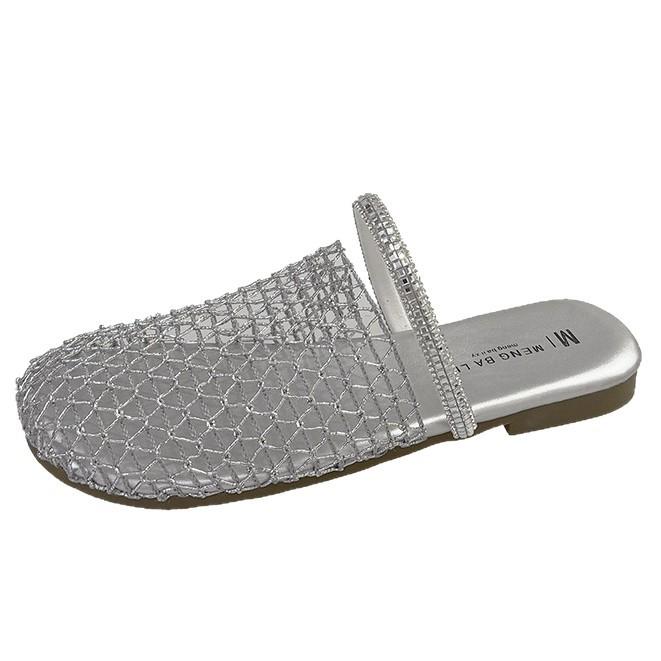 2025 Summer New Fishing Net Surface Hollow Rhinestone Bag Head Half Slippers Women Wear Flat Casual Beach Cool Slippers