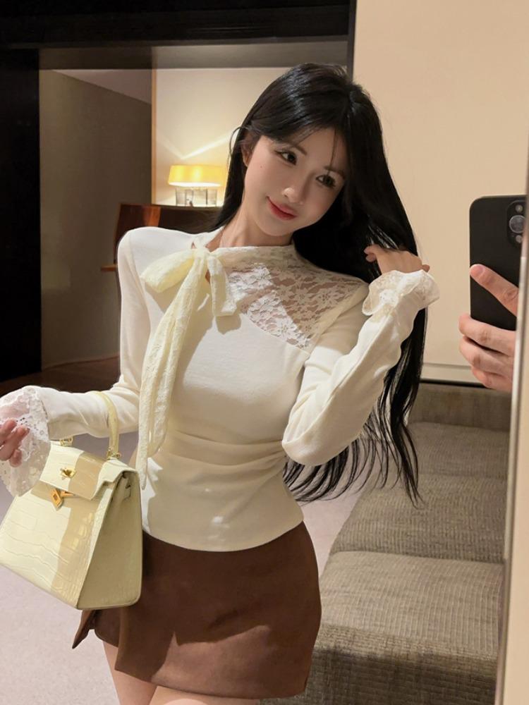 French Style Lace-Up Patchwork Long Sleeve Slim Fit Top