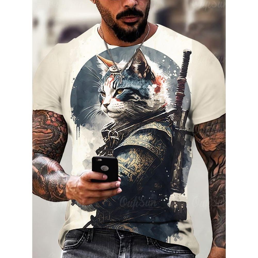Japan Style Men's T-shirts 3D Samurai Cat Theme Print Short Sleeve T Shirts Fashion Men Women Crew Neck Tops Summer Clothing