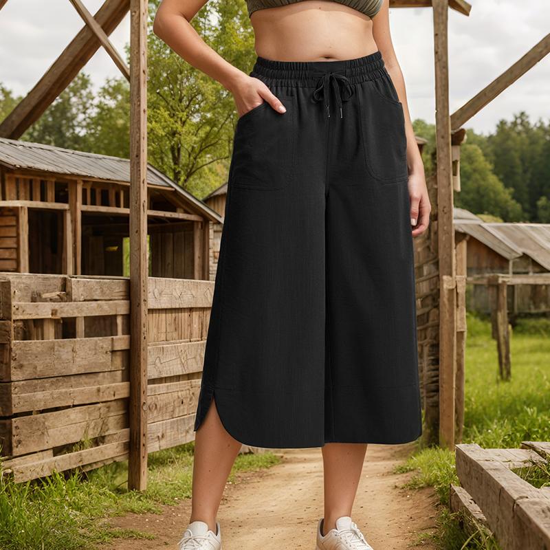 Women Spring Fall Fashion Wardrobe Staple Solid Color High-Waisted Wide Leg Capri Pants Trousers with Pocket