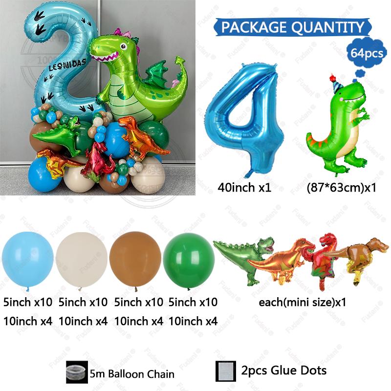 64pc/set Little Dinosaur Blue Series Digital Aluminum Film Balloon 1-9 Suitable for Birthday Party Anniversary Graduation Gift