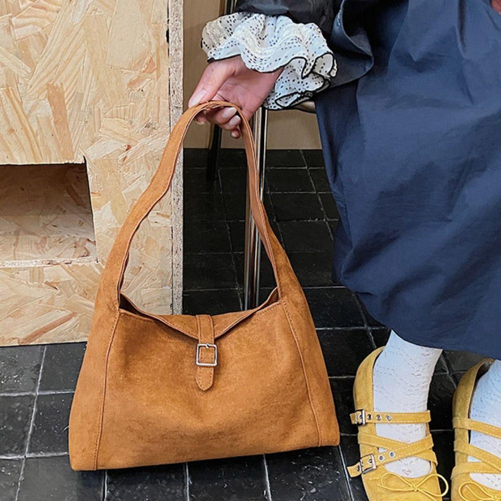 Solid Color Suede Tote Bag Korean Style Underarm Packs Casual Large Capacity Handbag  Girls