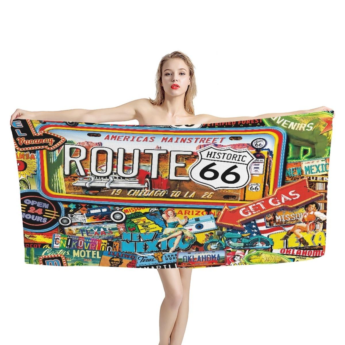 Lang Pattong Boys White Historic Route 66 Beach Towel America's Main Street Motorcycle Retro Road Absorbent Bath Towel For Men Travel Hotel Towel