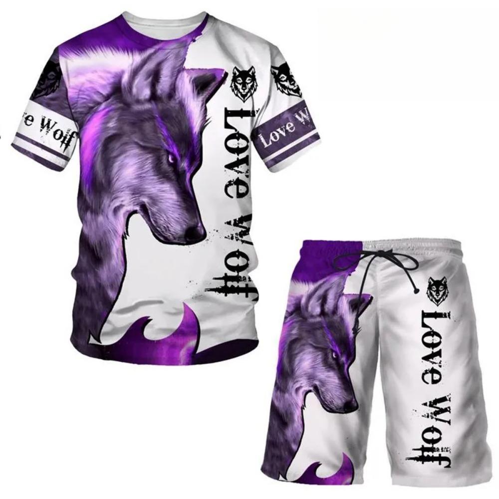 Summer Round Neck 3D Animal Printed Set Fashionable and Casual Short Sleeved Shorts Men's Sport Wear