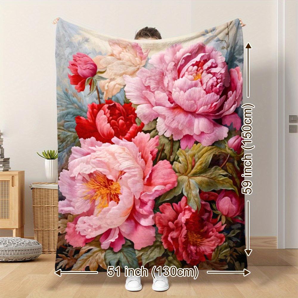 Contemporary Peony Flower Throw Blanket - All-Season Knitted Polyester Flannel, Soft Warm Print, Digital Printed, Cozy Nap &