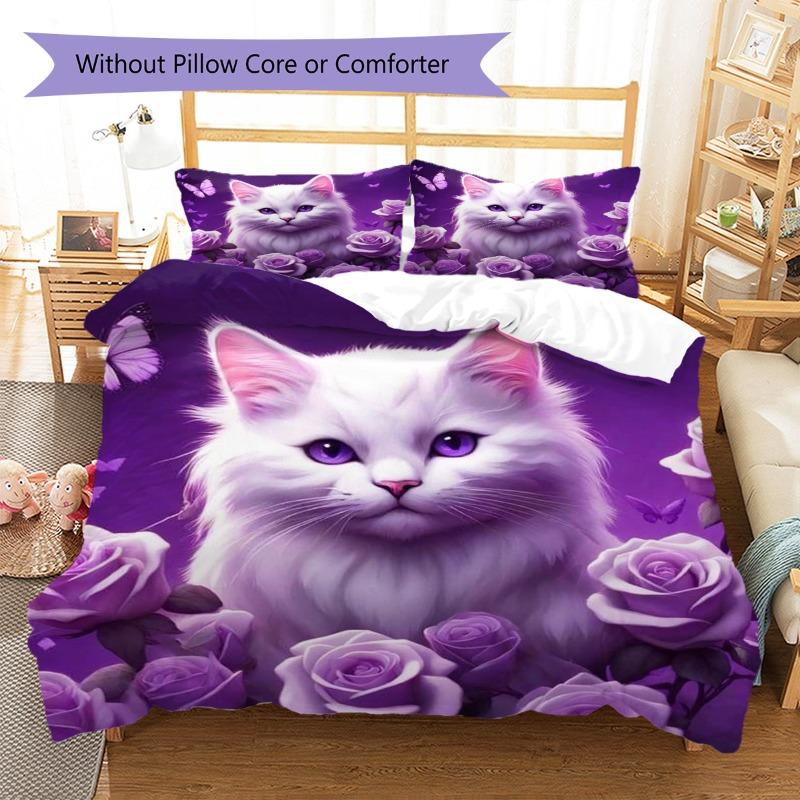 Elegant White Long‑hair Cat Purple Rose Butterfly Print 3 Pieces Duvet Cover Set Pet Animal Bedding Bedroom Home Decor Without Pillow Core Comforter