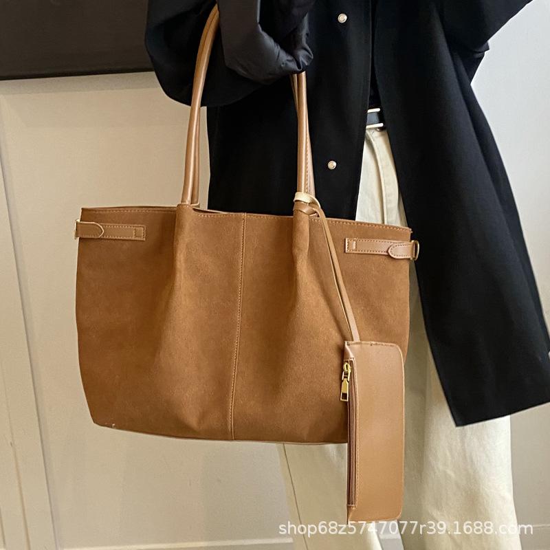 Suede Nubuck Tote Bag Large Capacity Commuter Shopping Bag Premium Mother-in-law Bag Maillard Vintage Shoulder Underarm Bag