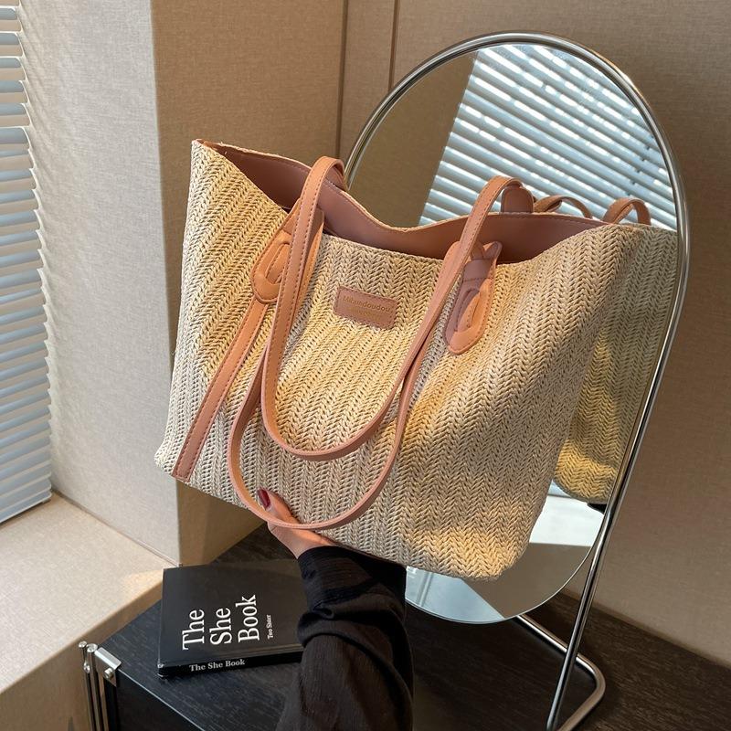 Students Carry Large-capacity Bags In Class Women's Simple Leisure Commuter Tote Bag Summer Woven Shoulder Bag