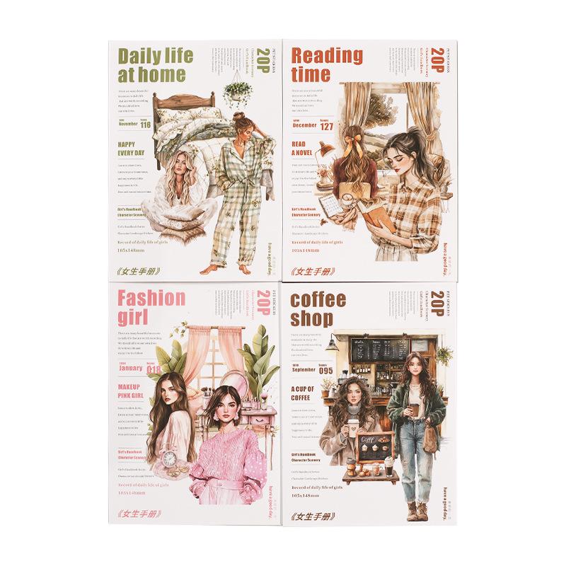20 Sheets Per Pack Character Girl Scenic PET Sticker Book Girl's Handbook Series 4 Selection Stickers