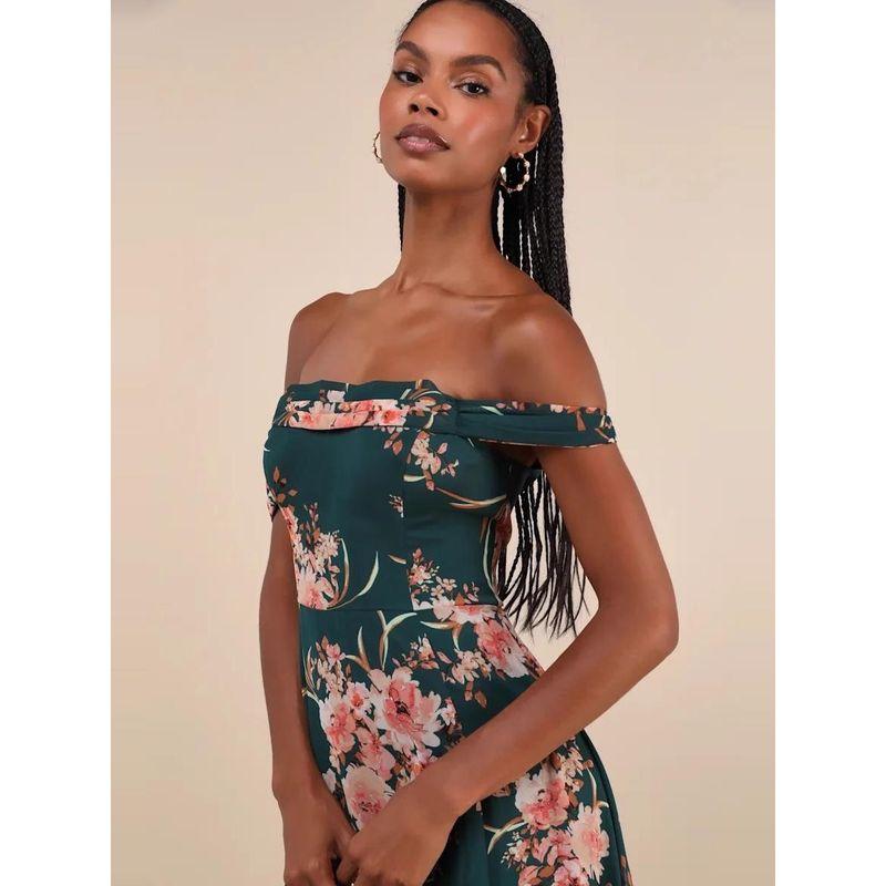 Export Lu Family Banquet Party Word Collar Sexy Exquisite Print Holiday Chiffon Split Island Retro Dress