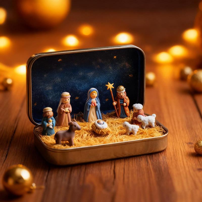 Mini Christmas Nativity Set in Tin Box, Mini Christmas Trough Set