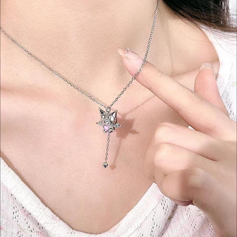 Kuromi Cupid's Heart Necklace for Women: Sweet Cartoon Style with Wings Chain