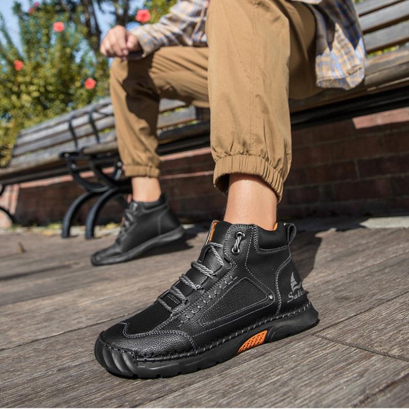 Women/ Men's PU Leather Boots, Men's Fashionable Handmade Stitched Ankle Boots, Flat Bottomed Lace Up Casual Shoes