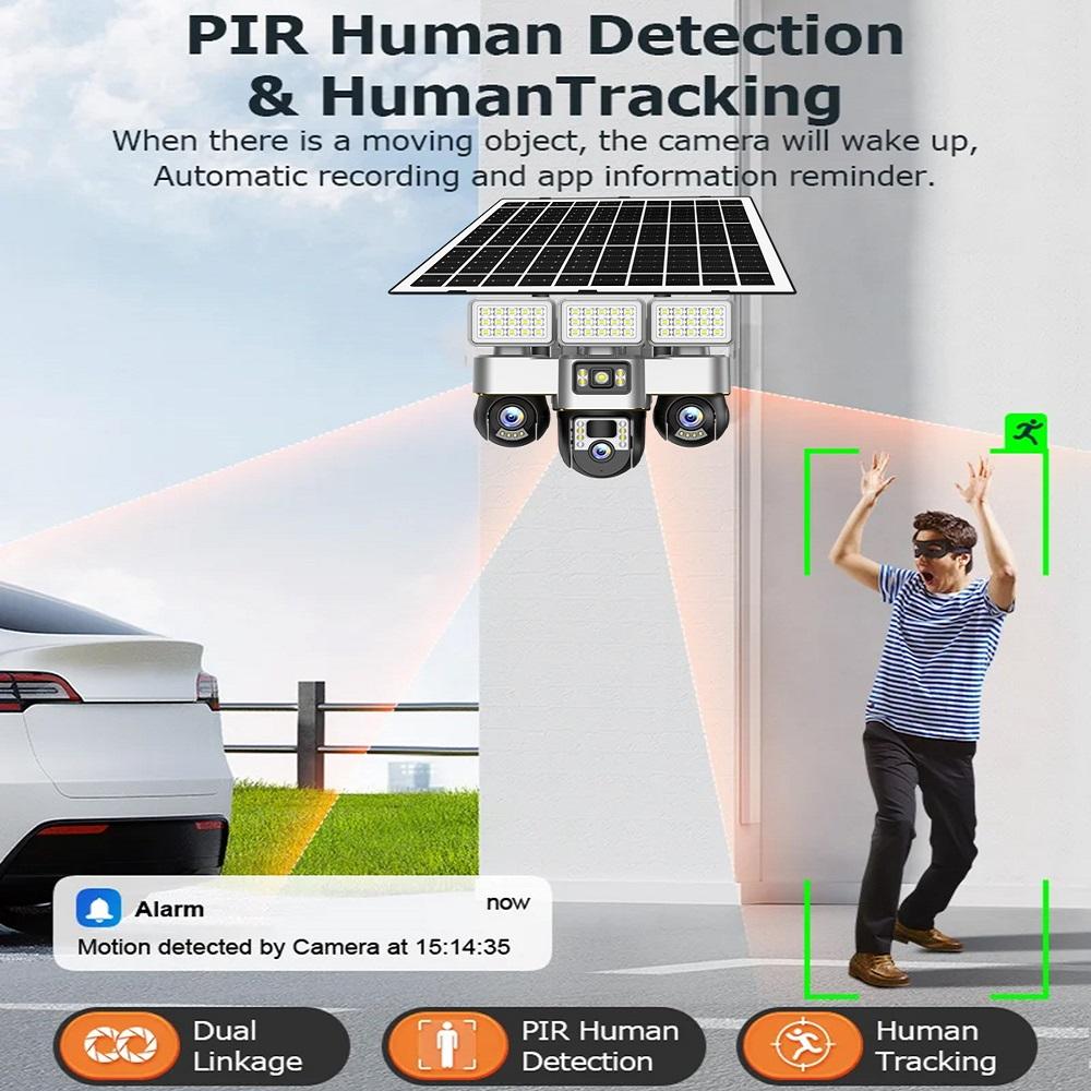 3-Lens Solar Camera, Outdoor Surveillance, WiFi, Floodlight Night Vision, Security Audio Camera, 16000mAh Battery CCTV