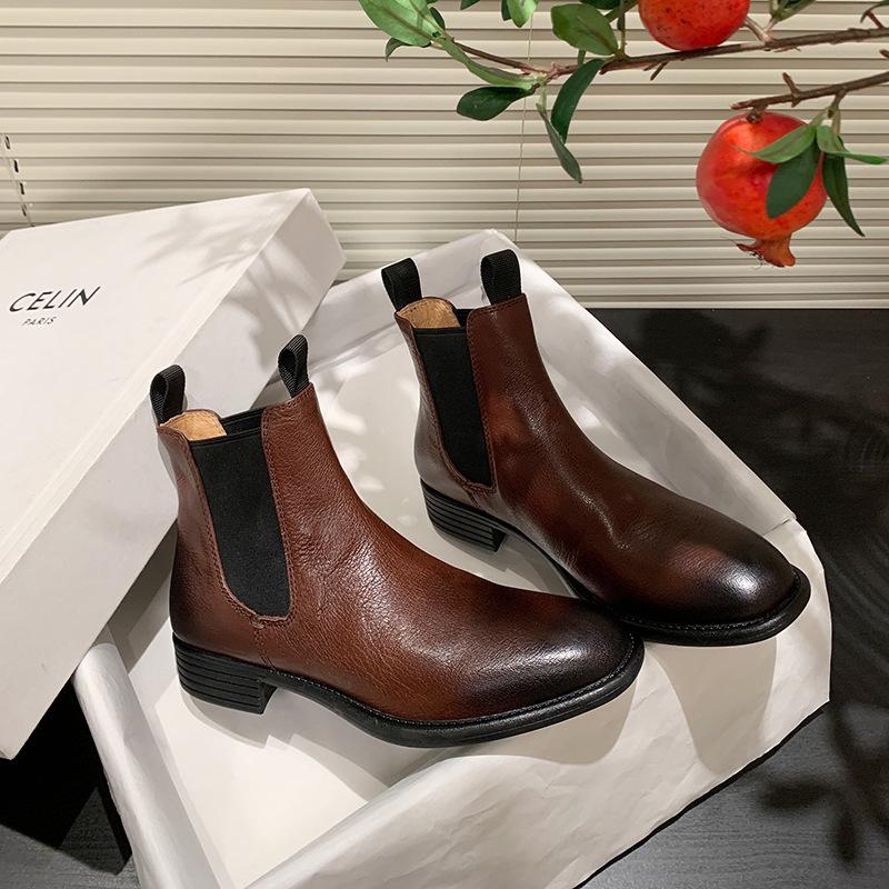 

Ботинки Челси из британской кожи ручной работы, ретро, короткие ботинки-трубы, новинка осени и зимы 2025 года, женские Челси коричневого цвета 40 коричневый