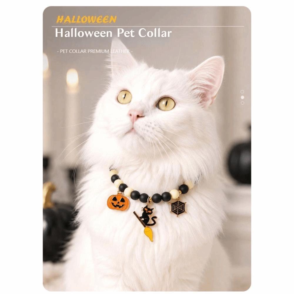 Elastic Halloween Cat Collar Ghost Pendant Kitten Collar Cute Ghost Beaded Necklace  Party Costume