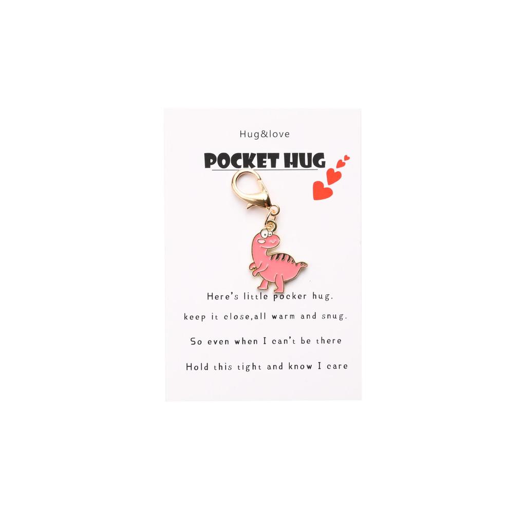 Cute Cartoon Dinosaur Keychain with POCKET HUG English Hug Card and Bag Pendant
