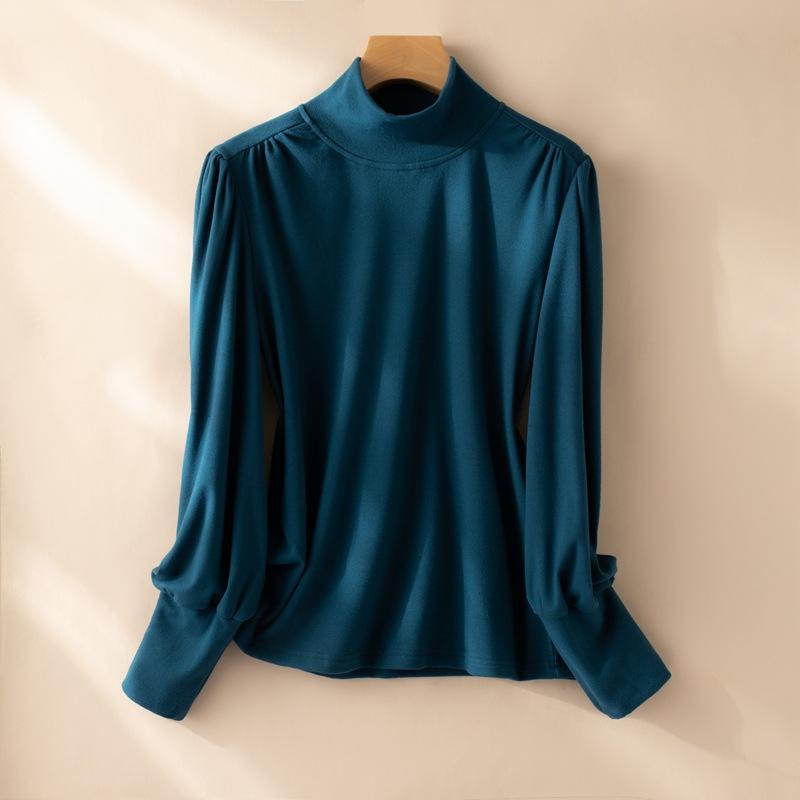 Camisa de Otoño e Invierno para Mujer con Cuello Medio Alto, Volantes en los Hombros y Bajo, Top Ajustado de Manga Larga