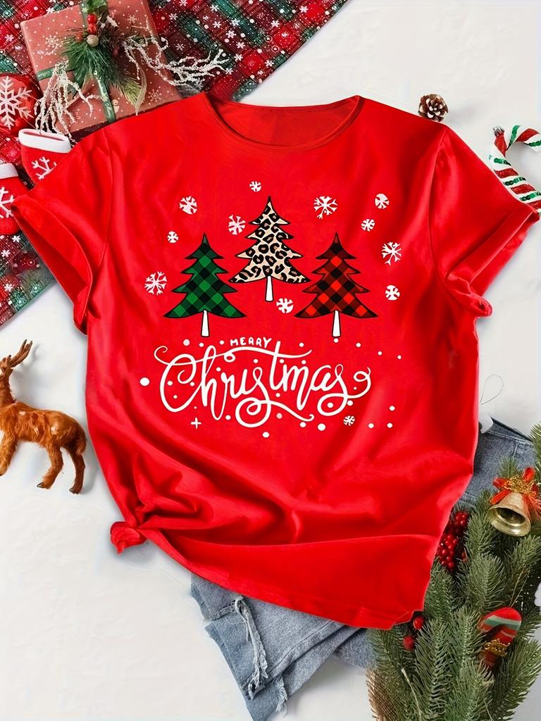 Womens Christmas Tree Print Tshirt Short Sleeve Round Neck Top for Summer Womens Clothing Harajuku Short Sleeve Casual