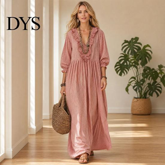 Quarter Sleeve Dress Women Summer Long Dress, 3/4 Ruffle V Neck Slimming Maxi Casual Loose Fit Flowy Beach Vacation Sundress