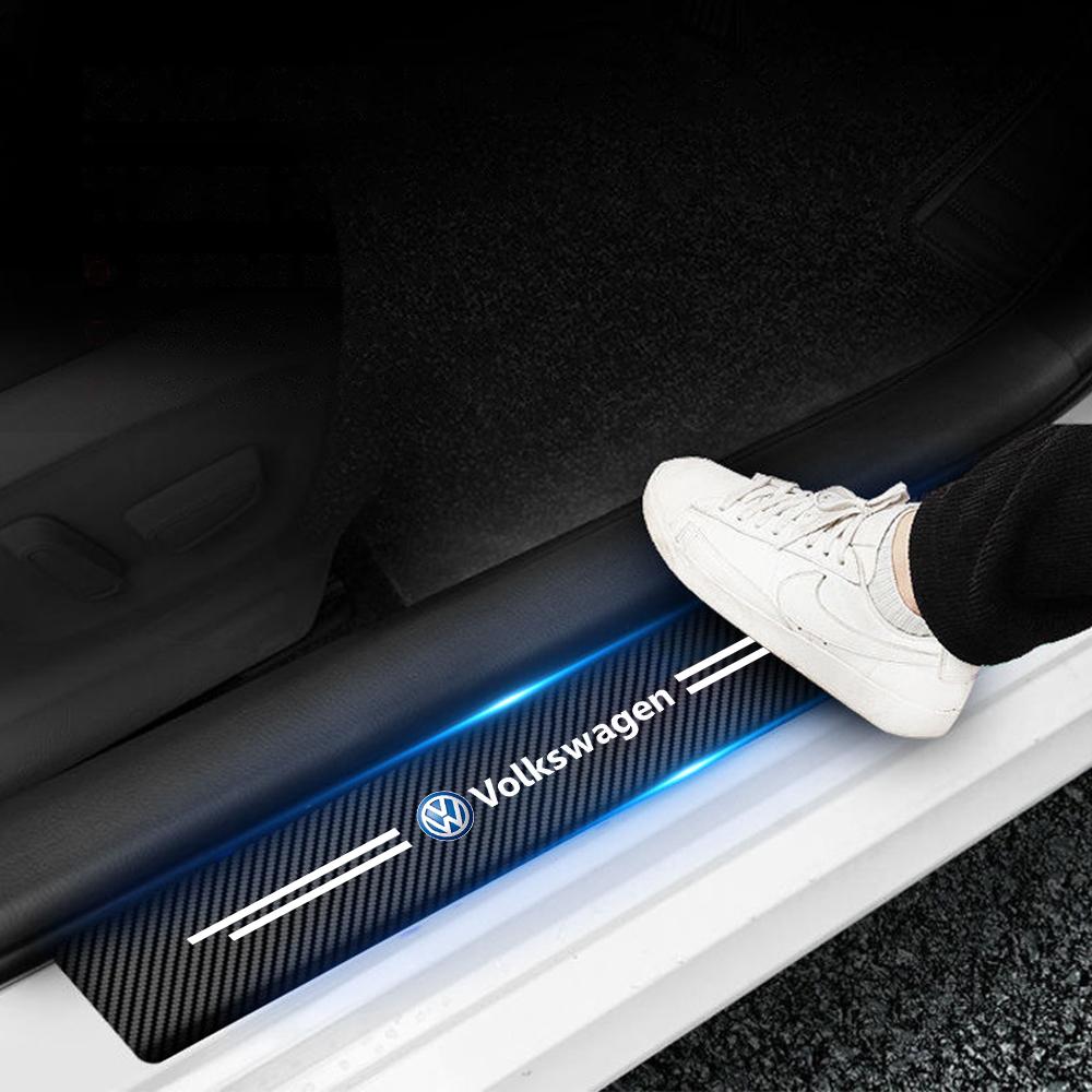 For VOLKSWAGEN VW 4PCS/SET Carbon Fiber PU Leather Car Door Sill Protector Plate Threshold Anti-Scratch Bumper Stickers for VW R