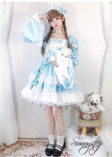 SUNNYSTEP Dienstmädchen Cosplay Kleid mit langen Ärmeln, Größen M-6L, Übergrößen, Gothic Lolita Kleid, Rüschen (Hellblau, 5L (4XL))
