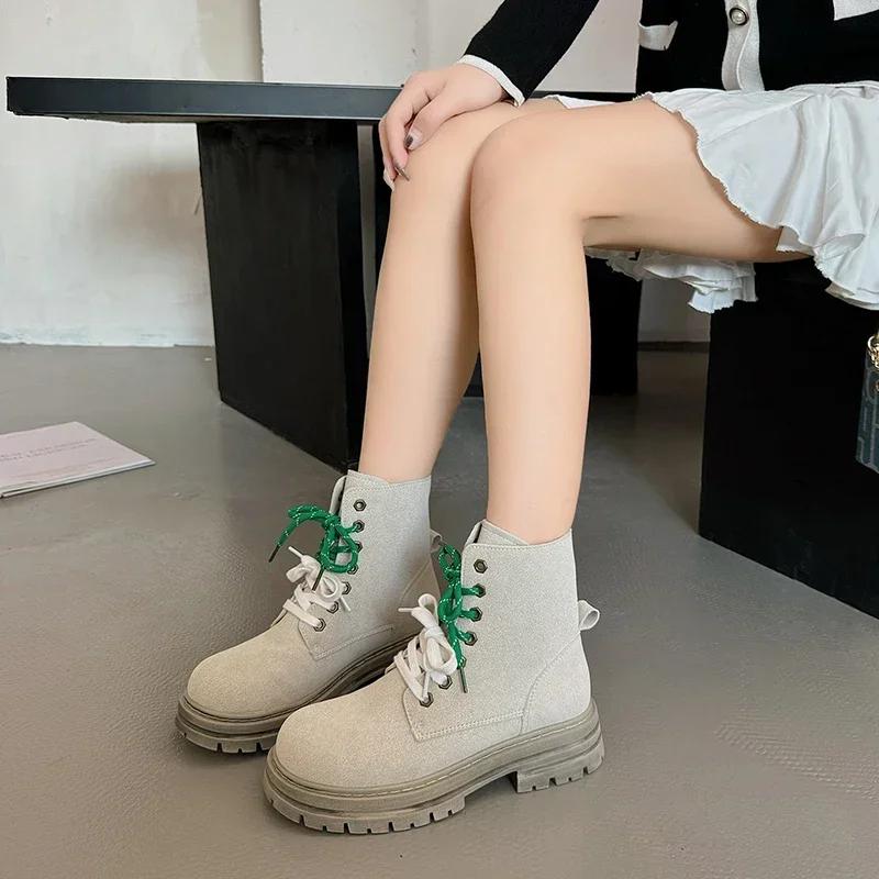 Fashion New British Style Boots Women Shoes Autumn New Casual Lace-up Women's High Top Boots Non-slip Thick Sole Outdoor Hiking Boots