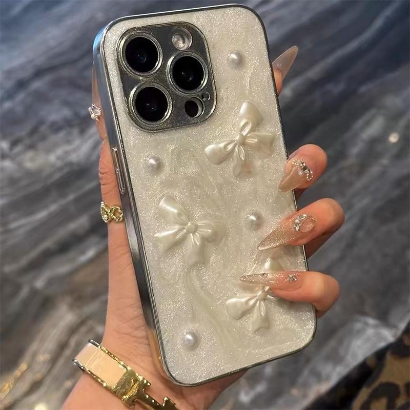 

Applicable To Iphone17Promax Epoxy Bow Pearl Mobile Phone Case Apple 15Plus Fine Hole 14 Anti-Drop 16 iPhone 7/8/SE 2020