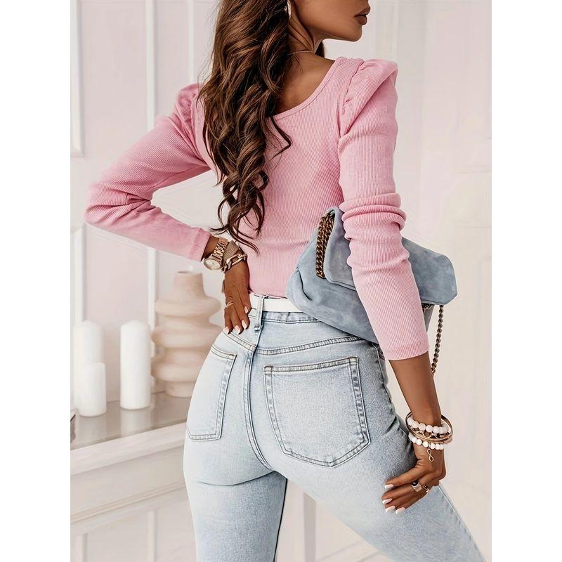 

2025 Solid Color Beaded Long Sleeve Pit Strip Top Black M