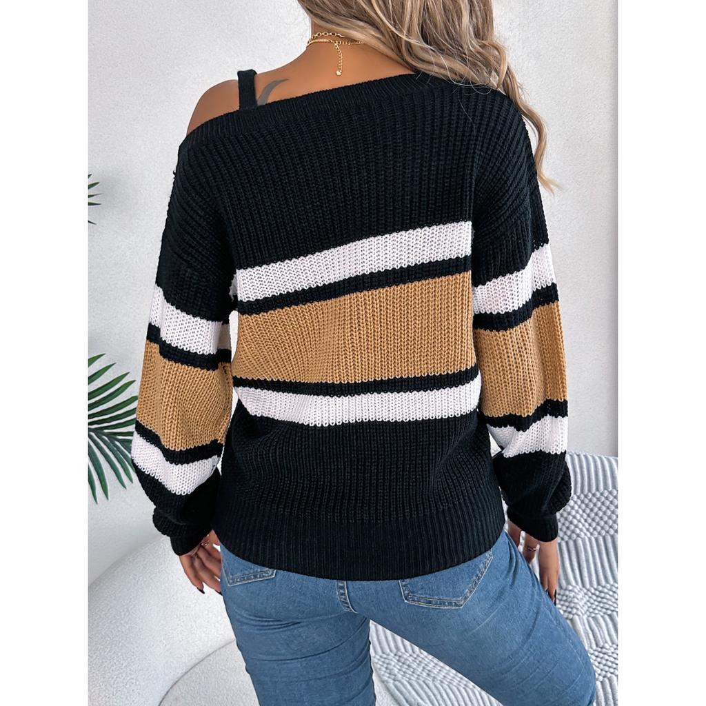 HNXC Autumn and Winter Casual Color-blocking Striped Lantern Sleeve Metal Buckle Off-the-shoulder Pullover Sweater for Women