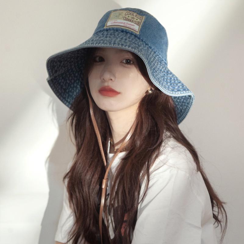 American Retro Patch Drawstring Bucket Hats Women Spring Aand Summer Travel Versatile Sun Protection Big Brim Denim Caps Men
