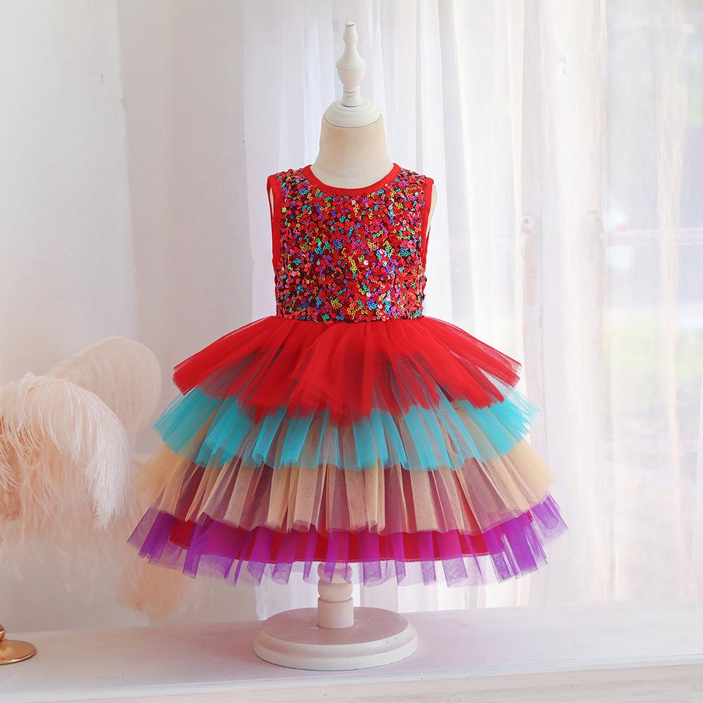 Little Girl's Gown Dresses Colorful Girls Puffy  Melaleuca Contrast Color Sparkling Kids Birthday Dress Elegant Soft Party Dress Ball Gown for Girls