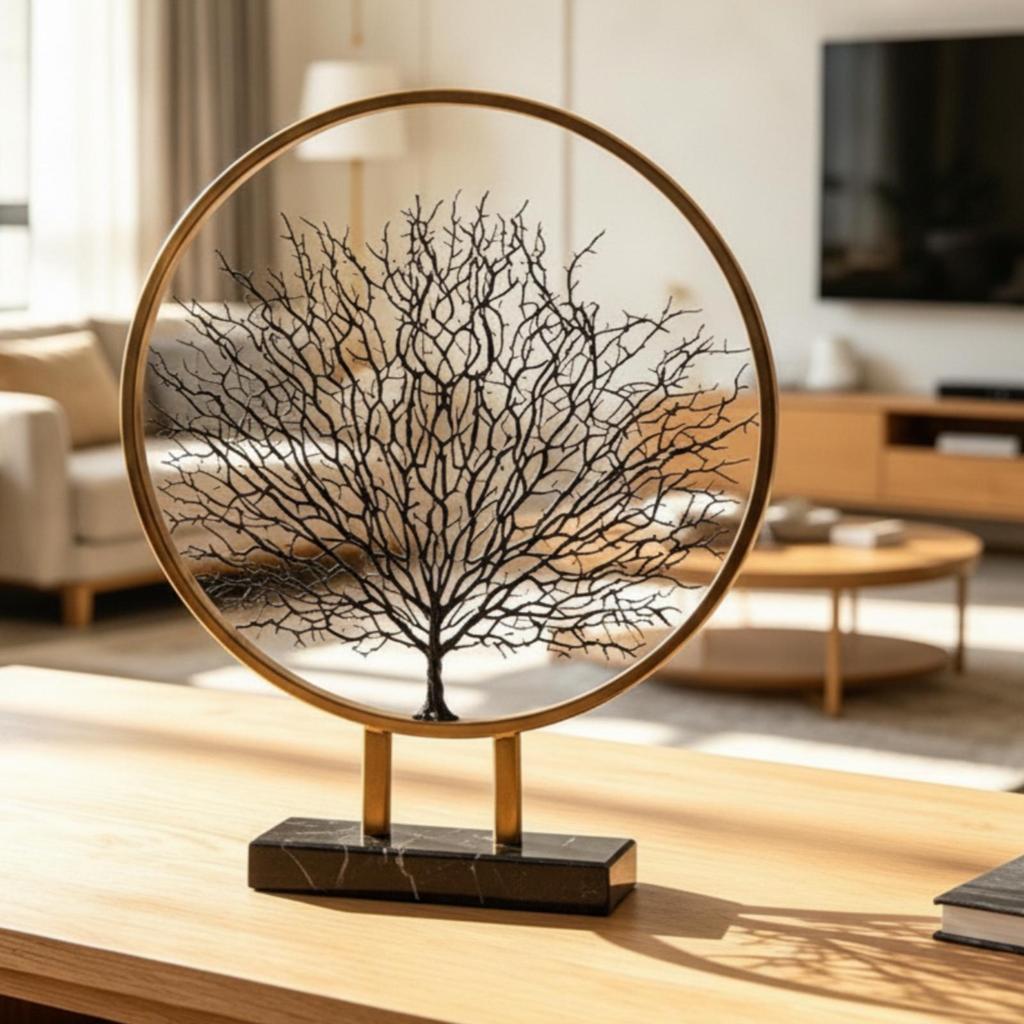 Metal Tree Figure Gold Arboreal Outline with Circular Structure Frame Minimalist
