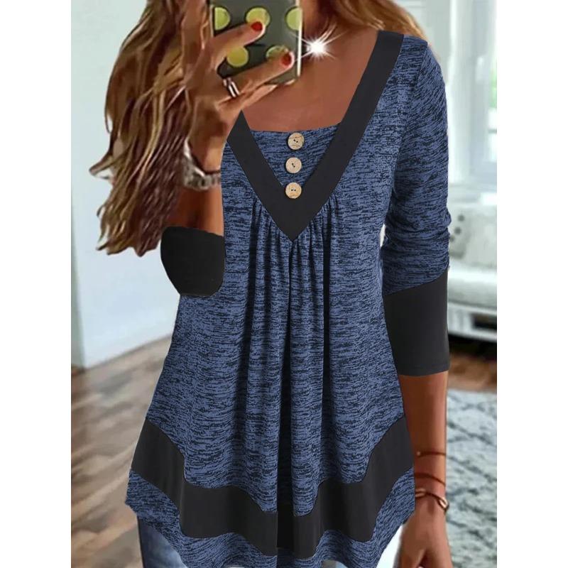 Autumn and Winter Contrast-color V-neck Long-sleeved Top Button-decorated Women's T-shirts